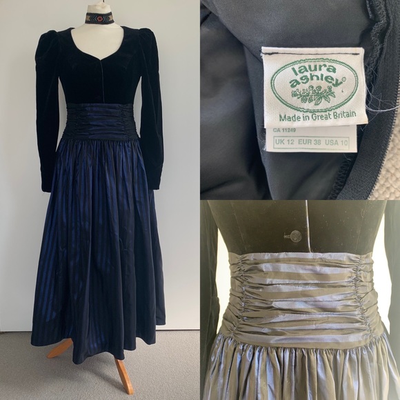 Laura Ashley Dresses & Skirts - Vintage 80s Laura Ashley Taffeta Velvet Midi Dress UK 12 Modern Size 8-10